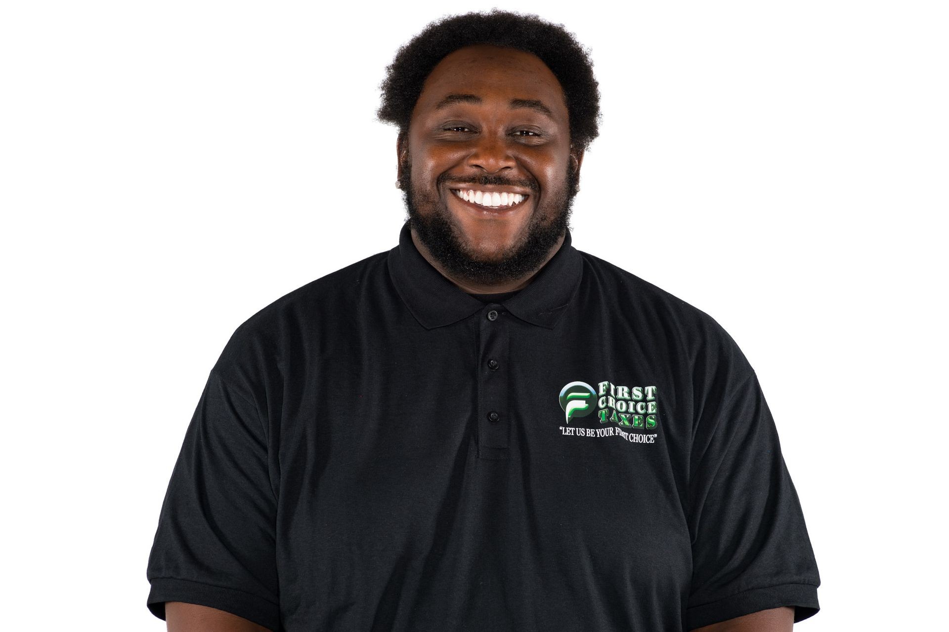 Smiling man wearing a black polo shirt with 'First Choice Taxes' logo.