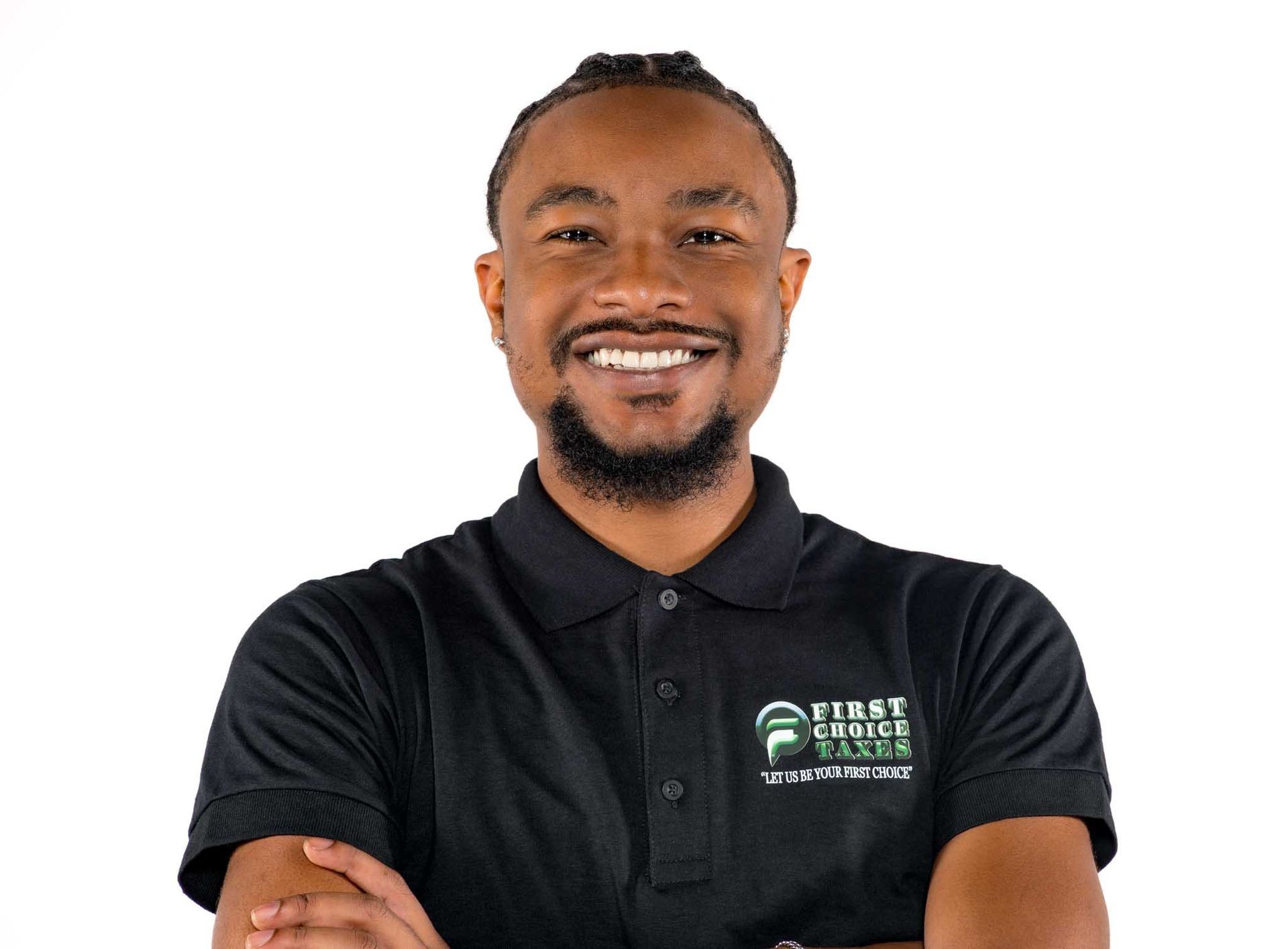 Smiling person in a black polo shirt with 'First Choice Taxes' logo.