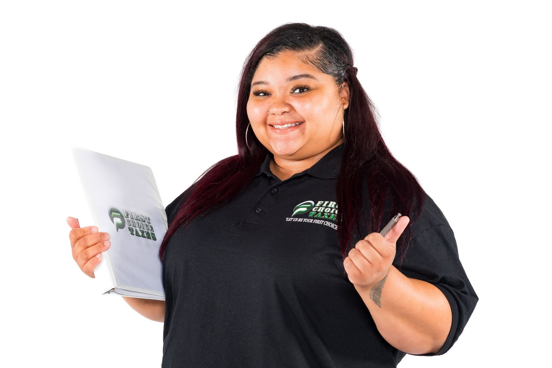 Person wearing a black polo shirt holding a white folder and pen against a white background.